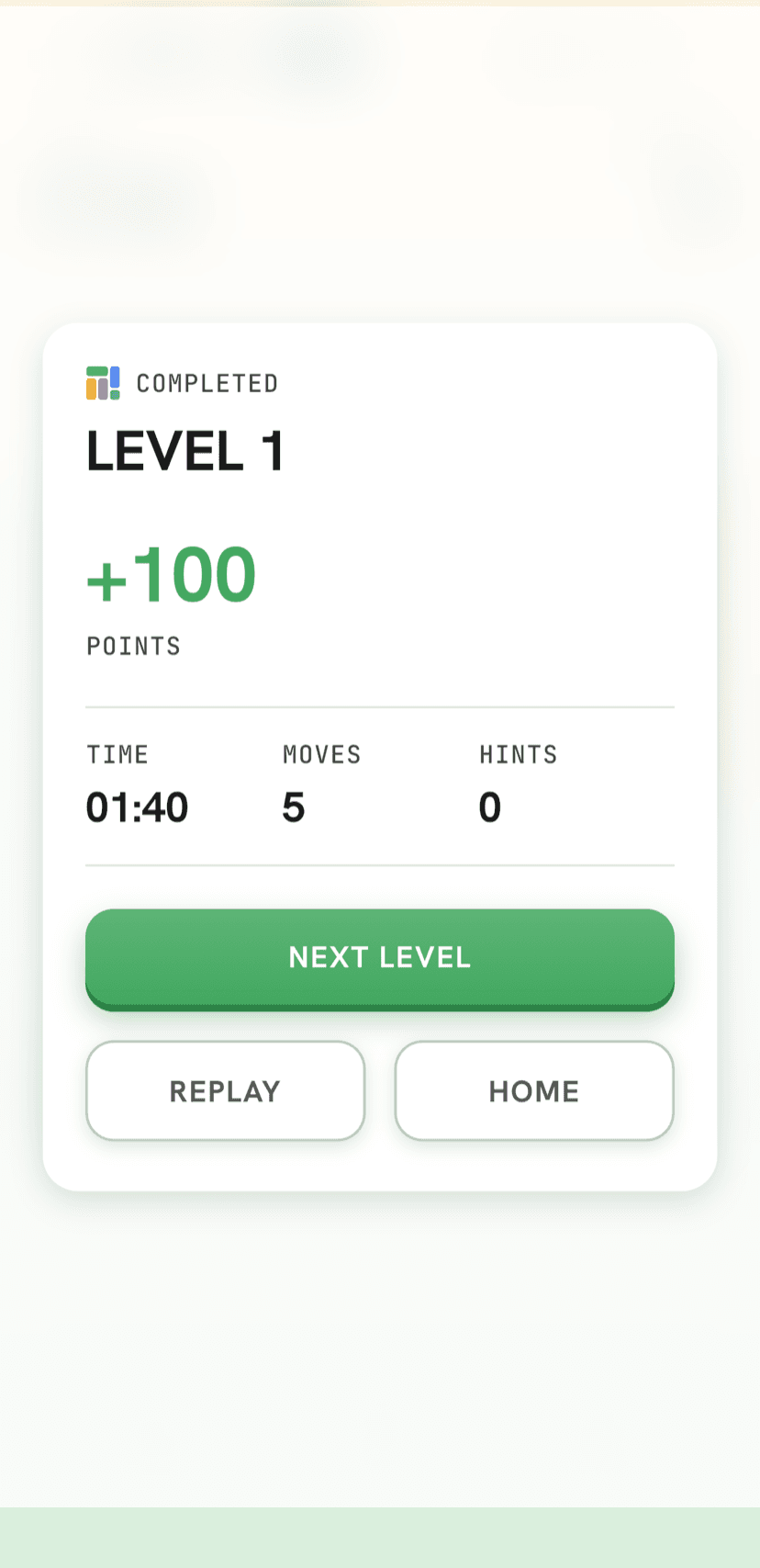 Recto level-complete screen celebrating a solved Shikaku puzzle