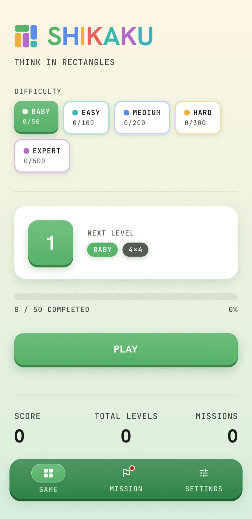 Recto home screen with five difficulty tracks from Baby to Expert and a green Play button